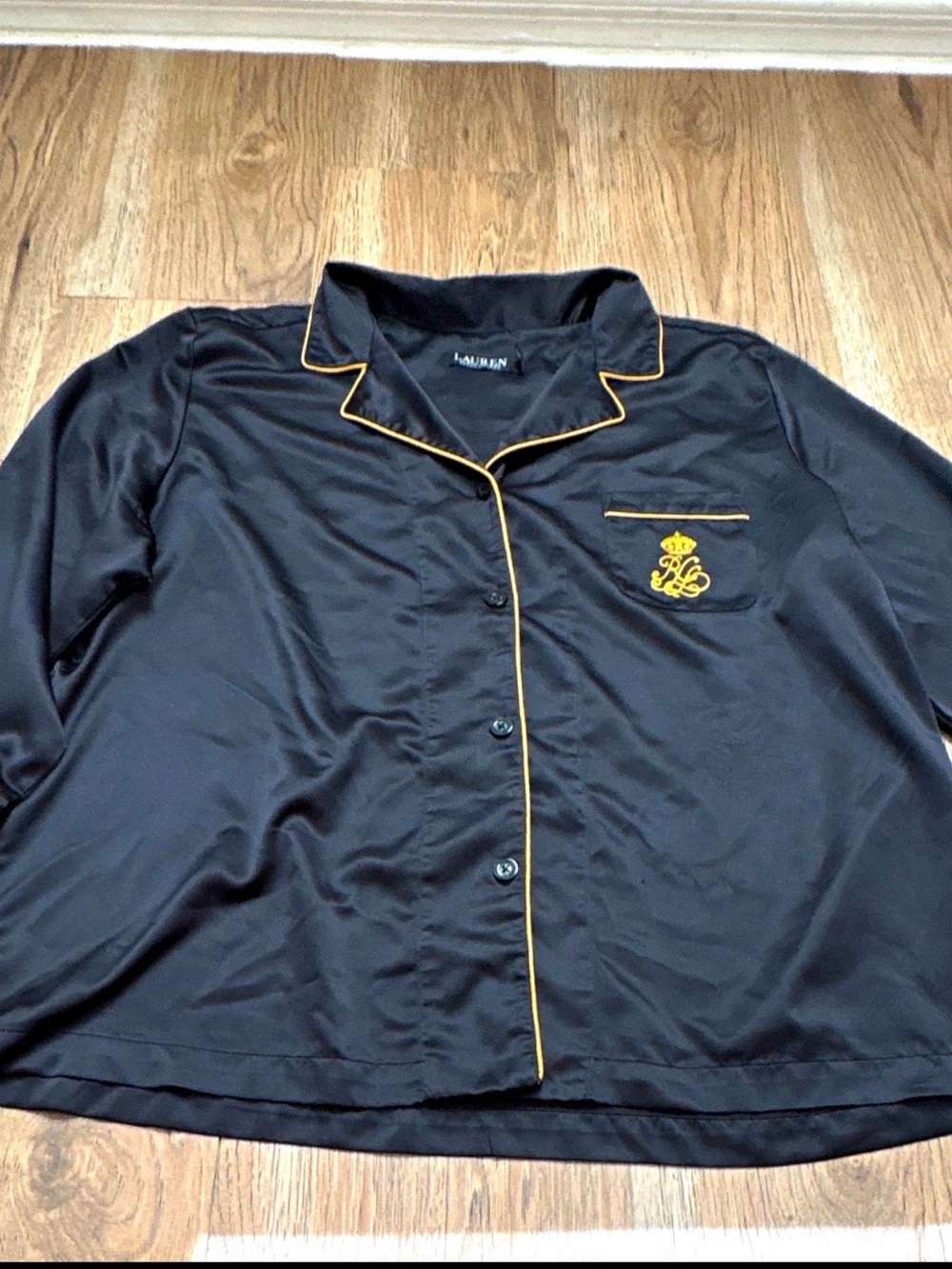 Ralph Lauren Black Button-Up Shirt with Gold Piping and Crest